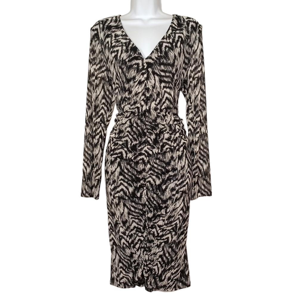 NINE WEST Black Ivory Animal Print Long Sleeve V Neck Midi Sheath Dress 14 NWT